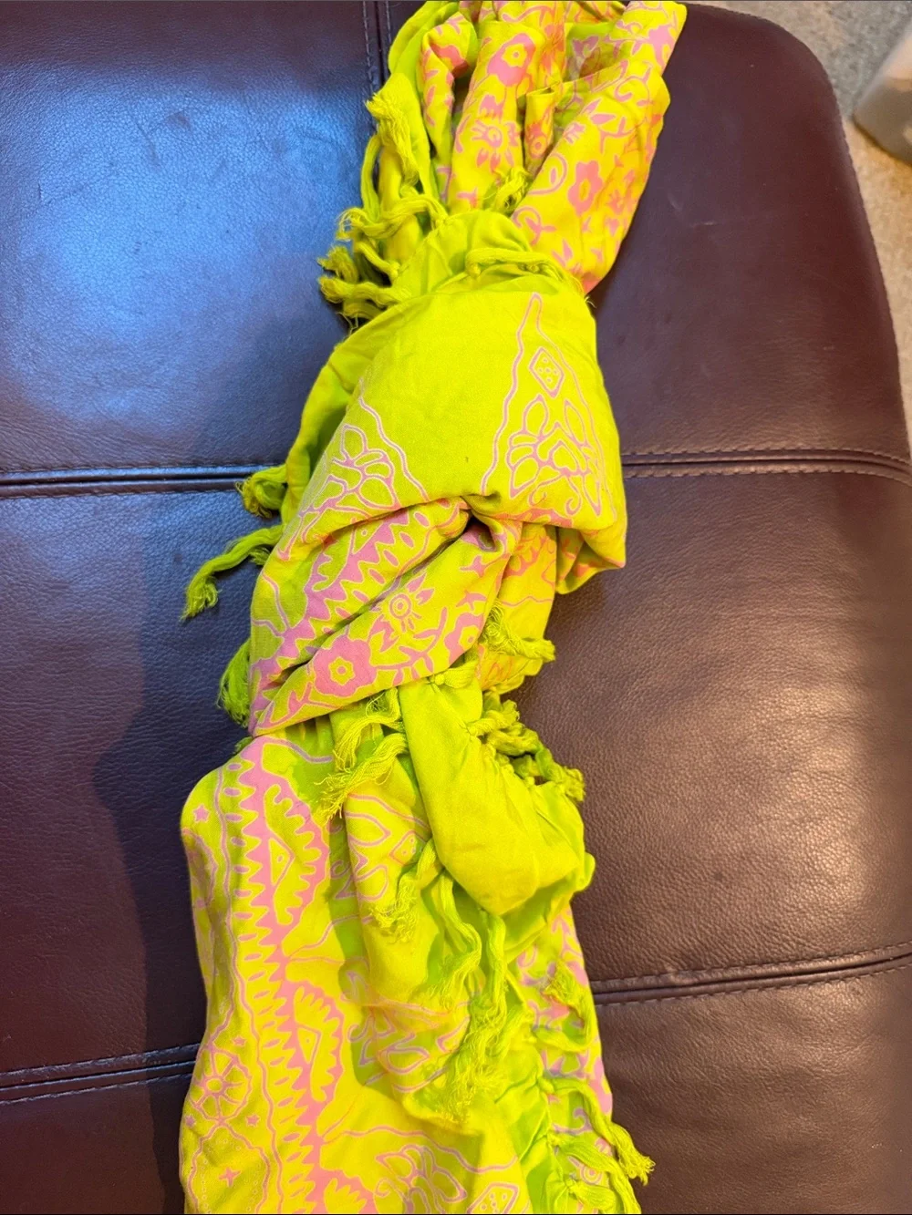 World market Sarong in pink and light chartreuse  with long tassels at ends